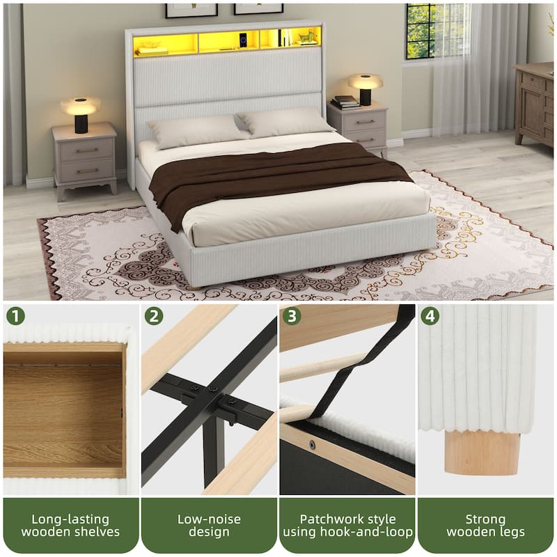 53'' Tall Storage Wingback Headboard, Corduroy Upholstered Platform Bed Frame with Charging Station and RGB LED Lights