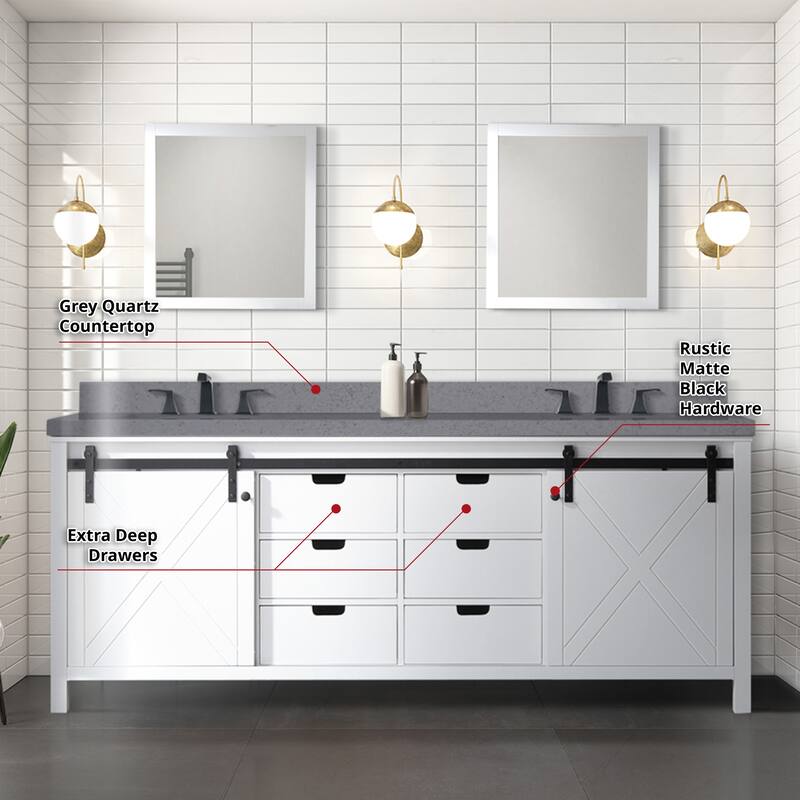 Marsyas 84 in W x 22 in D Dark Grey Double Bath Vanity, Carrara Marble Countertop, Faucet Set and 34 in Mirrors