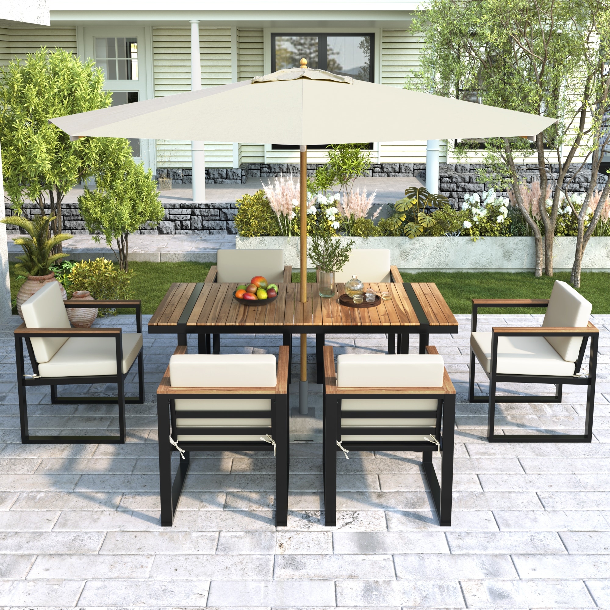 7-Pieces Patio Dining Table and Chair Set with Removable Cushions