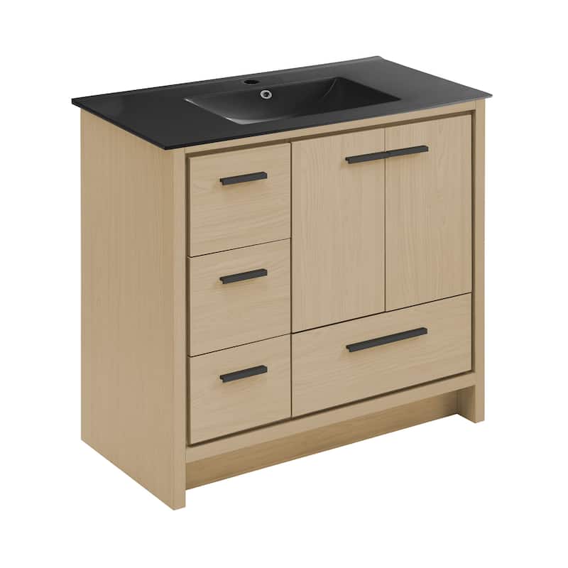 Virage 36 In. Brown Oak Bathroom Vanity With Black Ceramic Sink Top