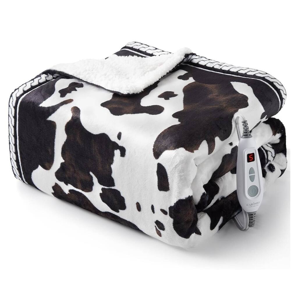 Cow Print 10 Heat Levels Electric Heating Blanket, Machine Washable, Brown+White