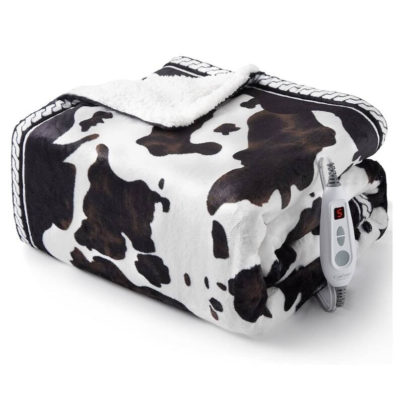 Cow Print 10 Heat Levels Electric Heating Blanket, Machine Washable, Brown+White - 50"*60"