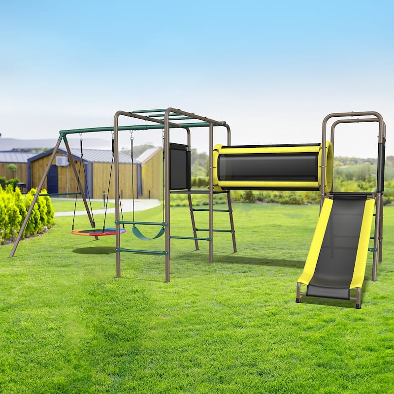 Hapfan 660lbs 5 in 1 Metal Swing Set with Slide Monkey Bars Crawl Tunnel and Trapeze Bar for Kids Outdoor Backyard Playset