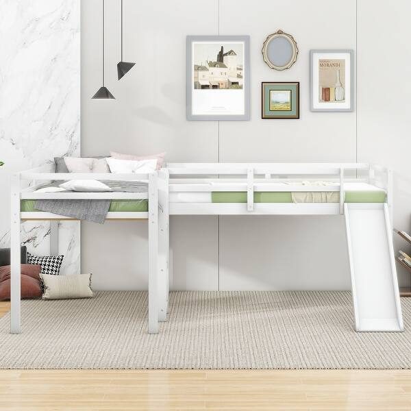 slide 2 of 26, L-Shaped Twin Size Wood Loft Bed with Ladder and Slide,Contemporary Style White