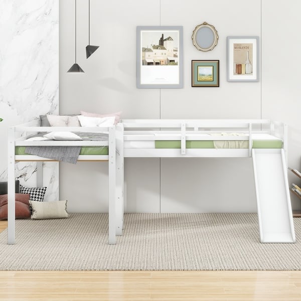 slide 2 of 9, White L-shaped Frame Twin Low Loft Bed with Ladder and Slide White - Twin