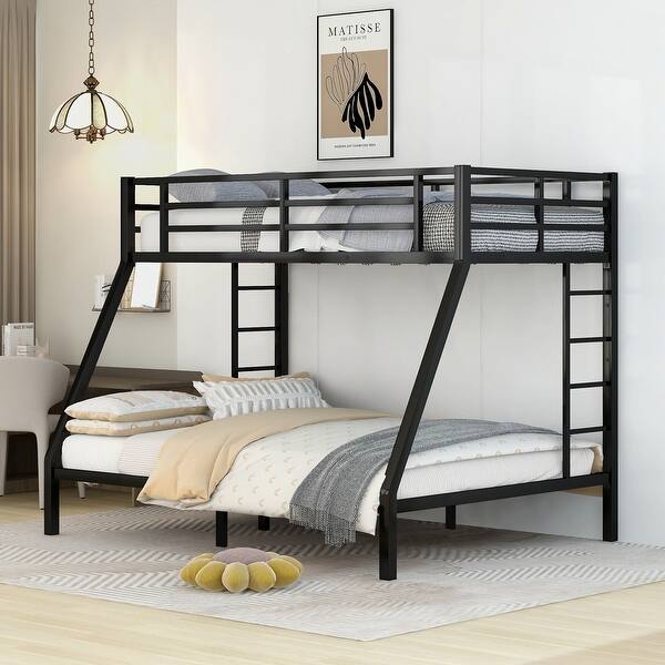 slide 2 of 9, Twin XL over Queen Metal Bunk Bed with 2 Side Ladders and Full-Length Guardrail Black