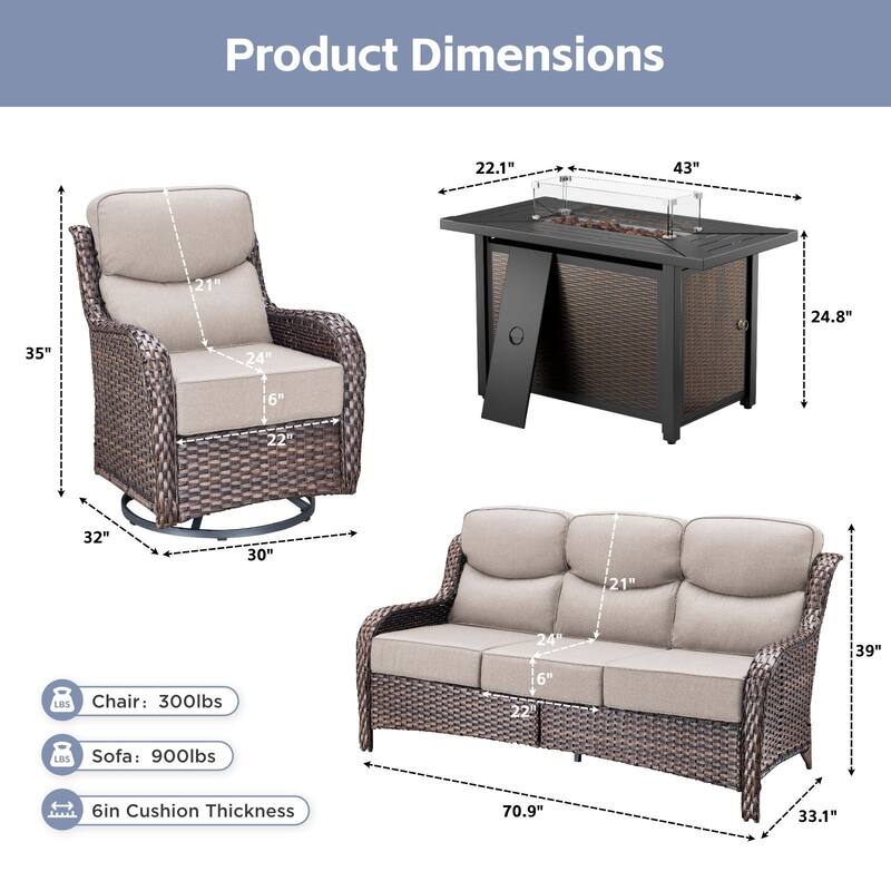 Arcadia 4-Piece PE Wicker Patio Seating Set with Durable All-Iron Fire Pit and 6-Inch Cushions