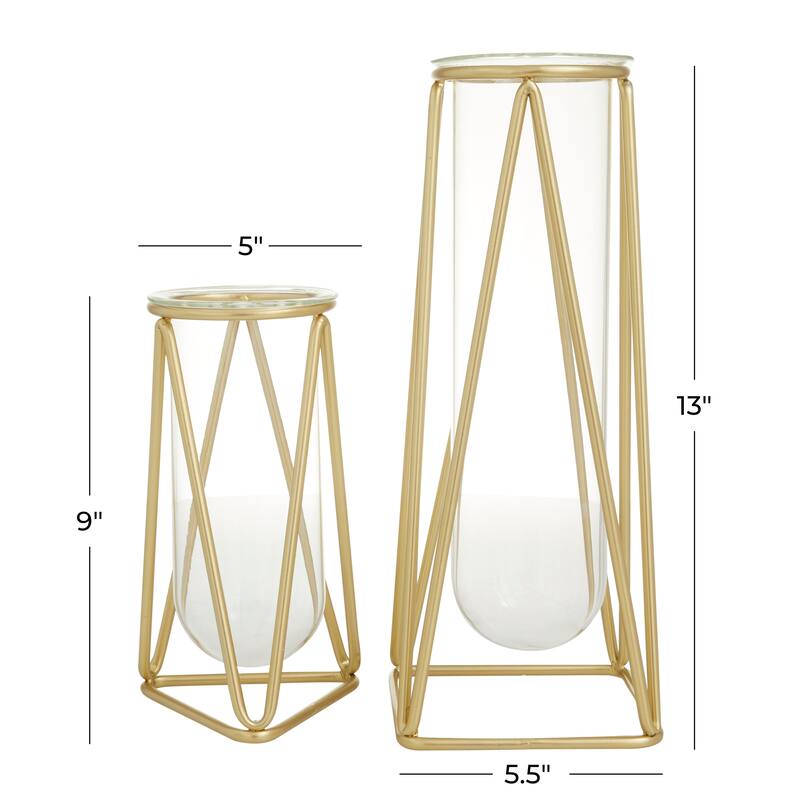 Glass Tube Vase with Metal Stand (Set of 2)