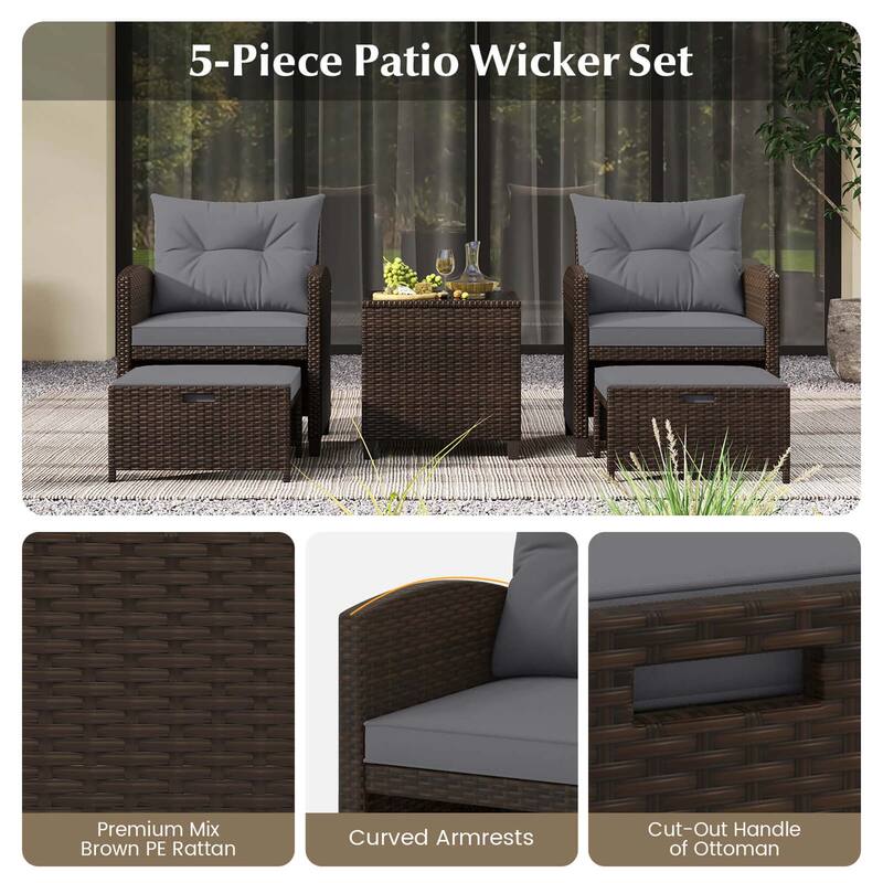 Costway 5 Piece Patio Rattan Furniture with 2 Ottomans & Tempered - See Details