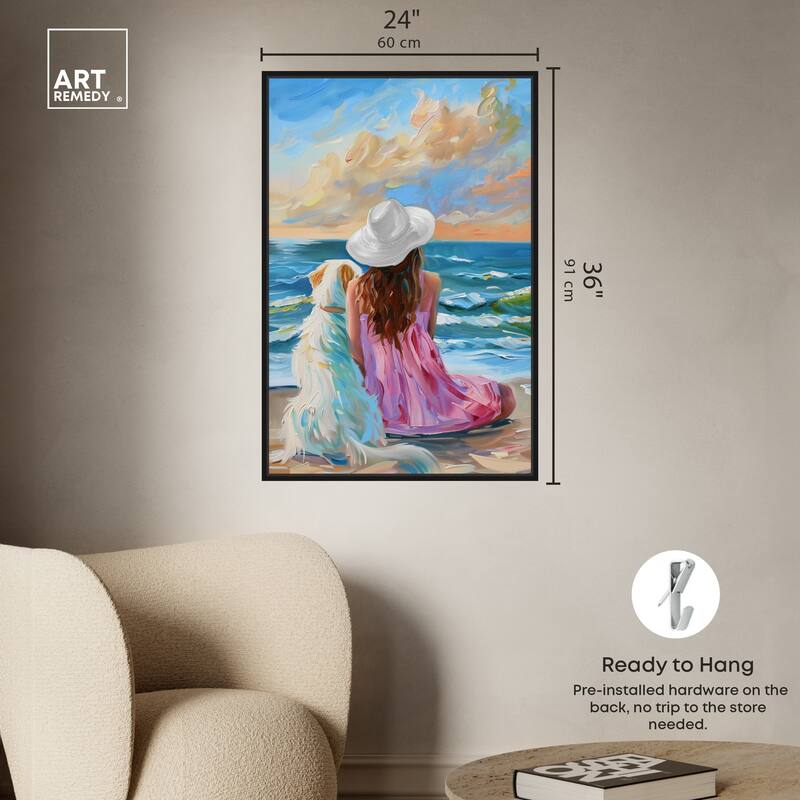 Art Remedy Girl And Her Best Friend Framed Colorful Coastal 1 Piece Canvas Wall Art