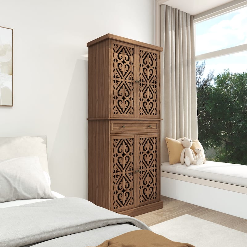Roomfitters 4 Door Storage Cabinet with Drawer, Tall Pantry Cabinet with Adjustable Shelves, Walnut