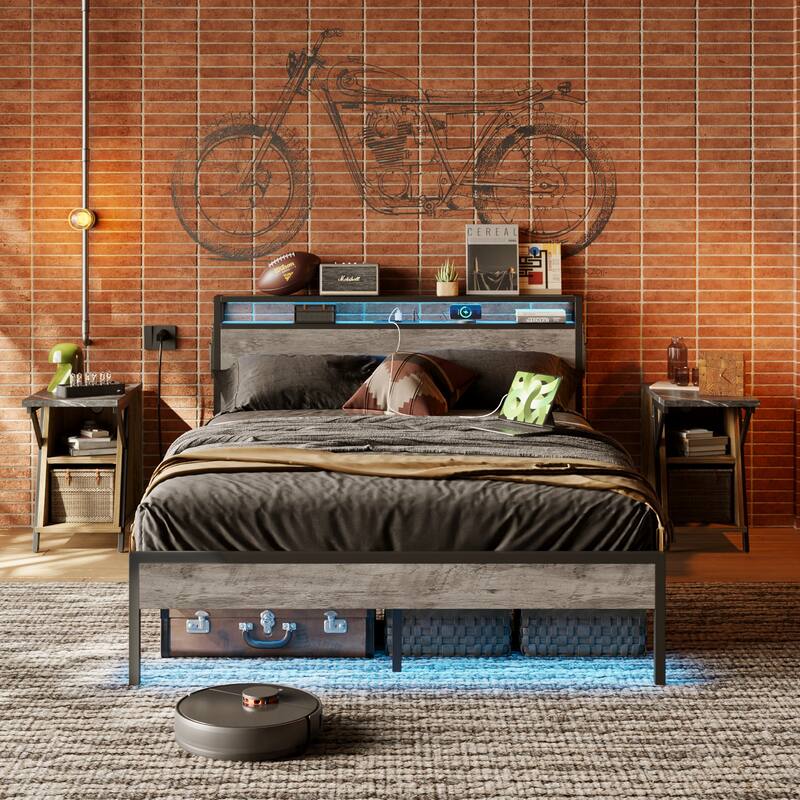 Metal Bed Frame Platform Bed with Storage Headboard LED Lights and Charging Station - Grey - Full