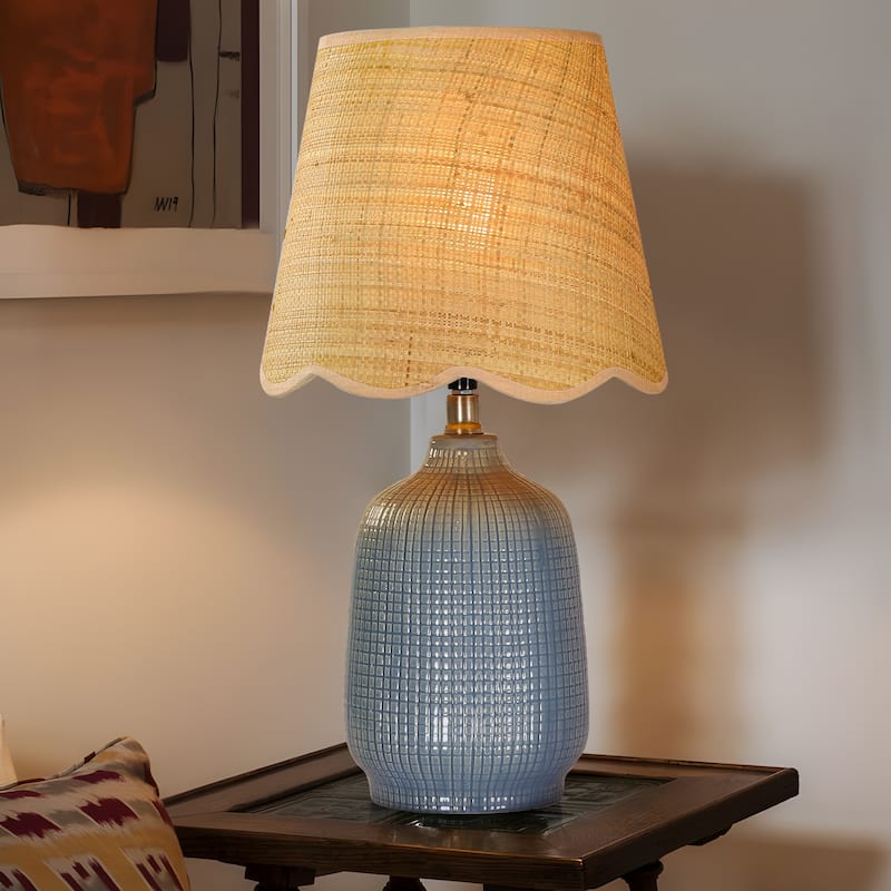 Rustic Ceramic Accent Table Lamp with Raffia Shade - Navy Blue-Glazed Ceramic