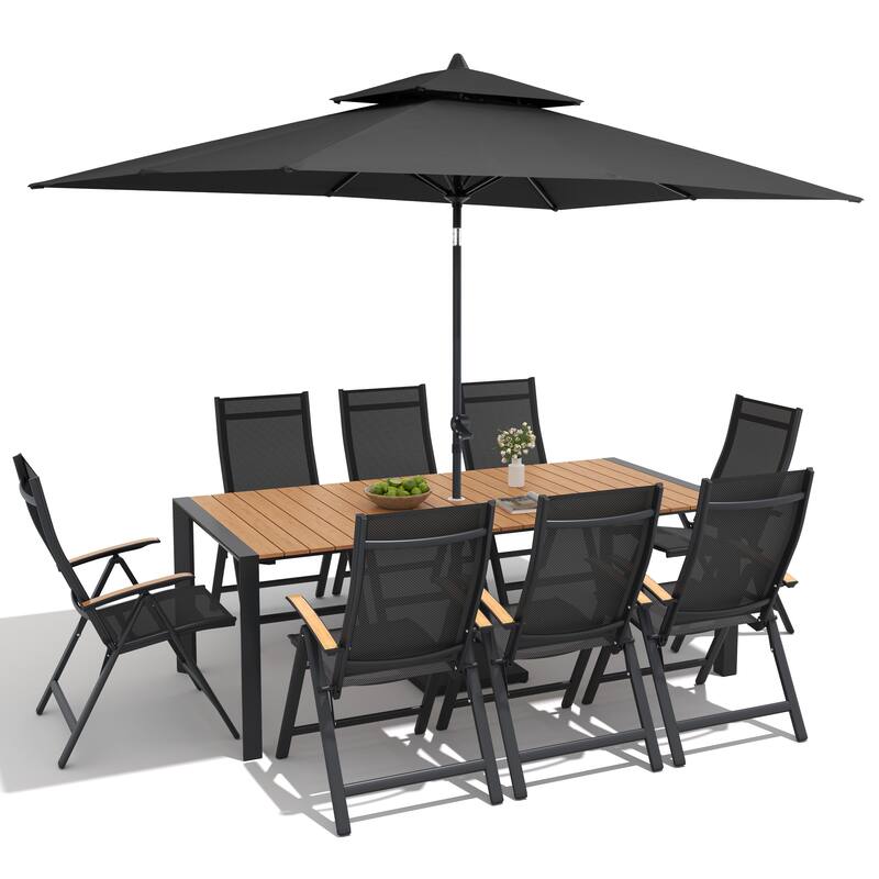 9/11-Piece Outdoor Patio Dining Set Aluminum Dining Table and Chairs w/10 ft Market Umbrella and Base