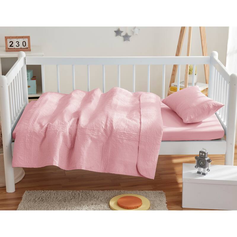 Clara Clark Grid Weave Toddler Bedding Set, 3PC Bedspread Set - All Season Quilted Comforter, Fitted Sheet, and Pillow Sham - Light Pink