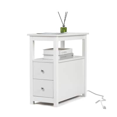 End Table with Charging Station, Narrow Sofa Side Table, Laundry Room Storage Wooden Nightstand Bedroom Furniture, White