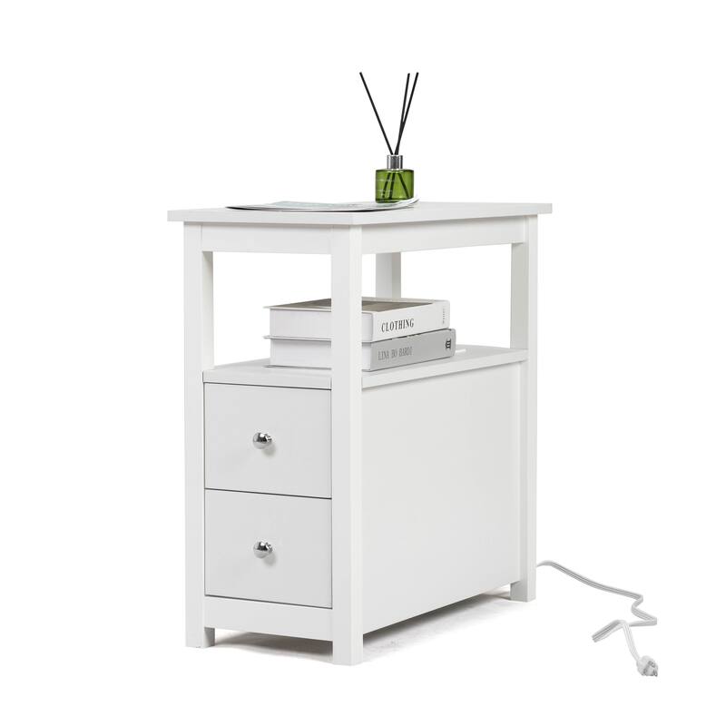 Narrow Wooden Nightstand End Table with Charging Station