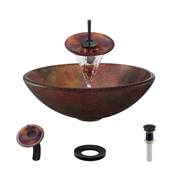 Rene R5-5014-WF 16-1/2" Glass Vessel Bathroom Sink with Waterfall Faucet, Sink Ring, and Vessel Pop-Up Drain