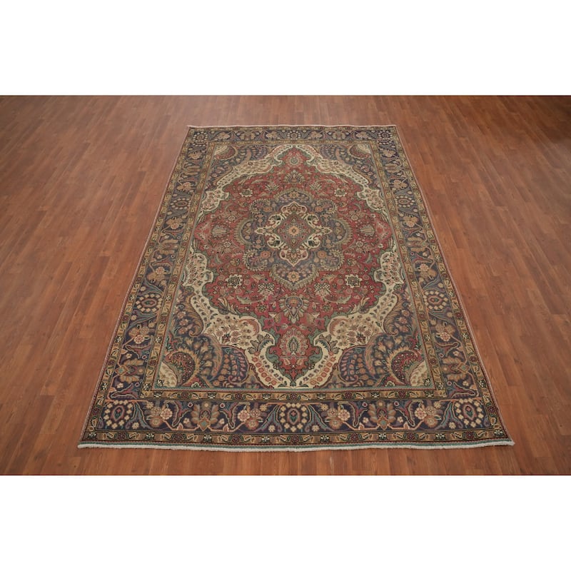 Hand Knotted Oriental 100% Wool Carpet Traditional Floral Pink Tabriz Area Rug - 9' 7'' X 6' 7''