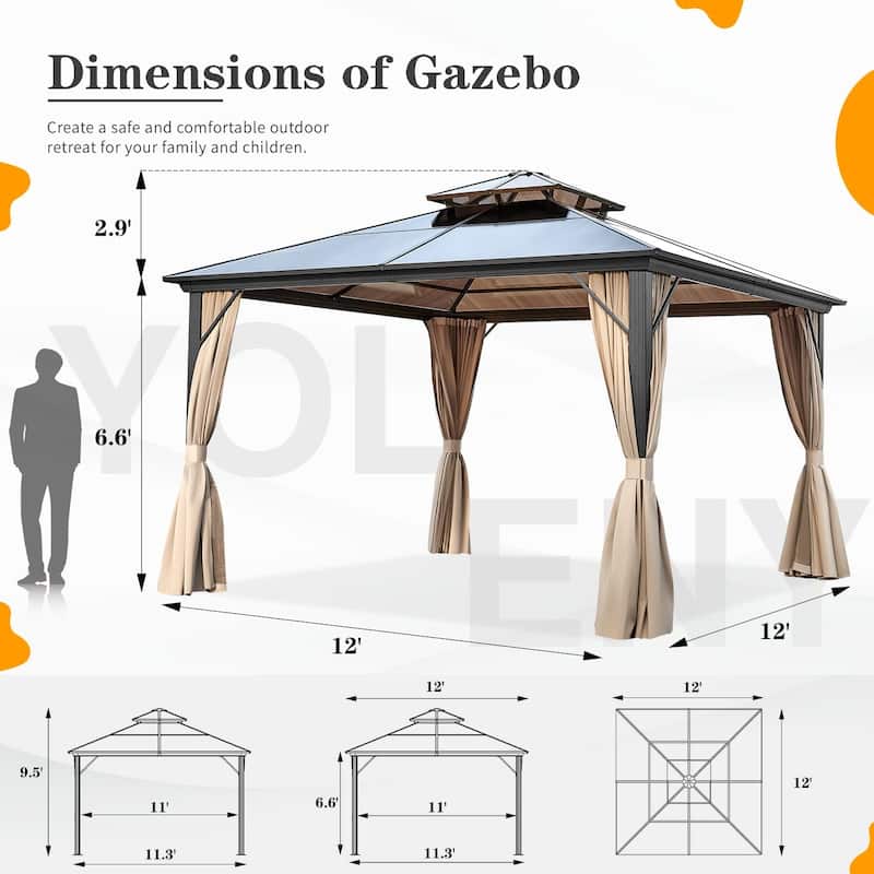 EROMMY 12'x12' Outdoor Double Roof Hardtop Gazebo for Patio, Garden