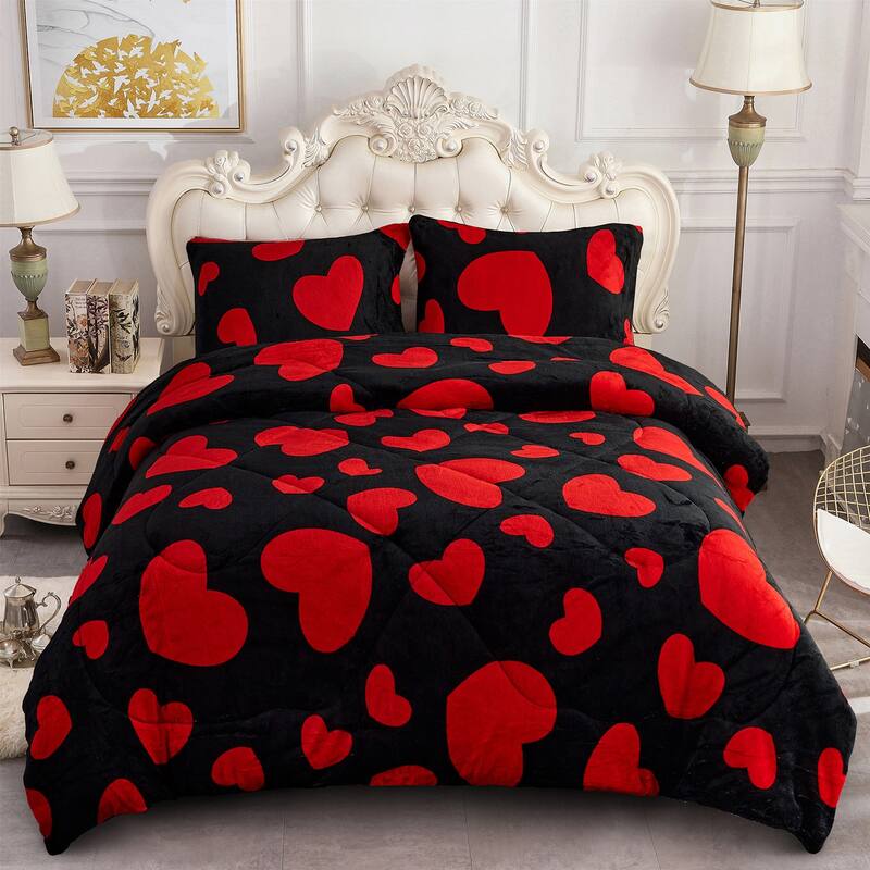 3-Piece Floral Printed Sherpa-Backing Reversible Comforter Set