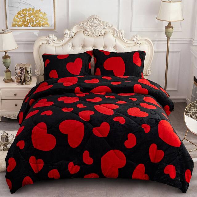 3-Piece Floral Printed Sherpa-Backing Reversible Comforter Set