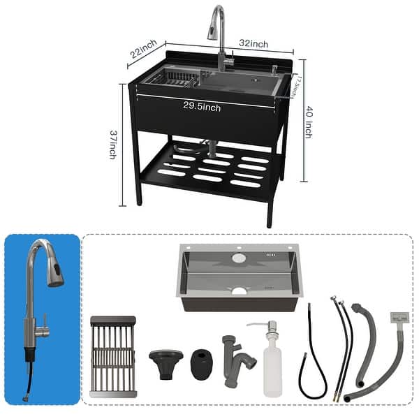 dimension image slide 1 of 2, Freestanding Laundry Stainless Steel Large Utility Sink Single Bowl - 32*22*40
