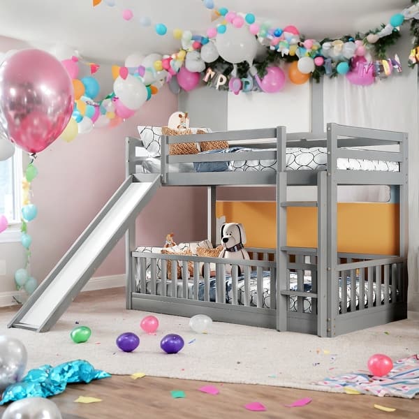 slide 2 of 9, Modren Twin Over Twin Bunk Bed With Convertible Slide and Ladder,Solid Construction