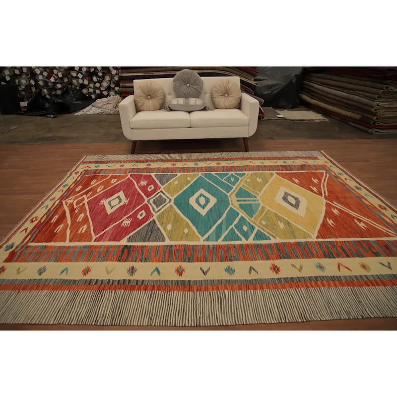 Hand Woven Oriental 100% Wool Carpet Southwestern Tribal Multi-Colored Kilim Area Rug - 9' 10'' X 8' 2''