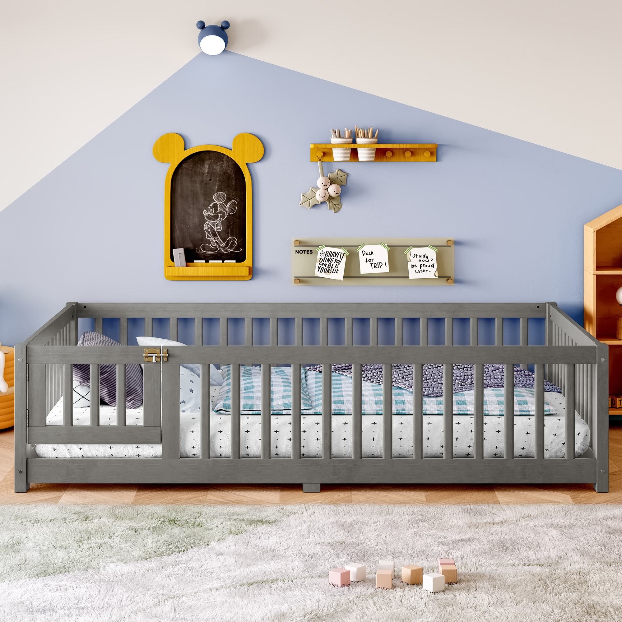 Full Size Bed Floor Bed with Safety Guardrails and Door for Kids, Wood Grain