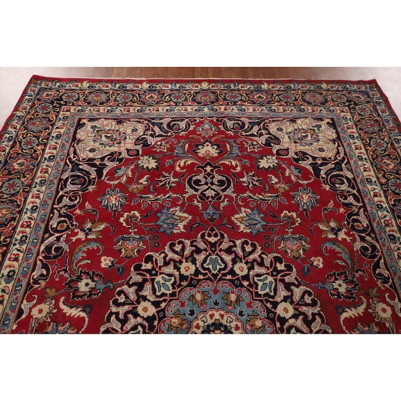 Traditional Red Mashad Persian Vintage Rug Hand-Knotted Wool Carpet - 6'7"x 10'0"