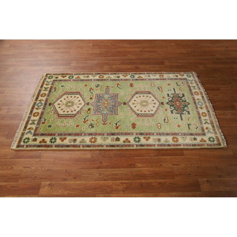 Light Green Geometric Khotan Indian Foyer Rug Hand-Knotted Wool Carpet - 2'11"x 5'0"