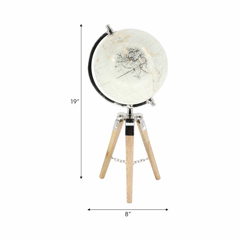 Sagebrook Home 8" Globe on Marble-Based Wood Tripod Stand, Aluminum Finish - Unique Accent Piece - 8.0" x 8.0" x 19.0"