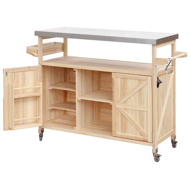 Outdoor Kitchen Island Farmhouse Outdoor Grill Table with Stainless Steel Countertop Spice Rack, for Kitchen and Grilling