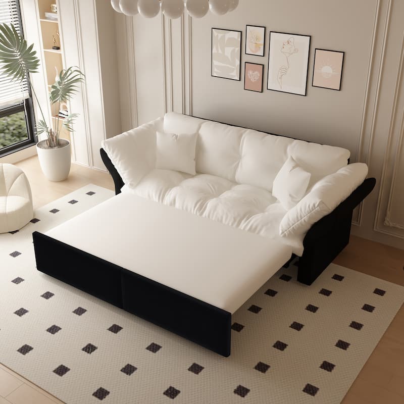 74.8" Queen Sleeper Sofa - 3-in-1 Tufted Velvet Loveseat with Pull-Out Bed & 2 Pillows, Multi-Functional
