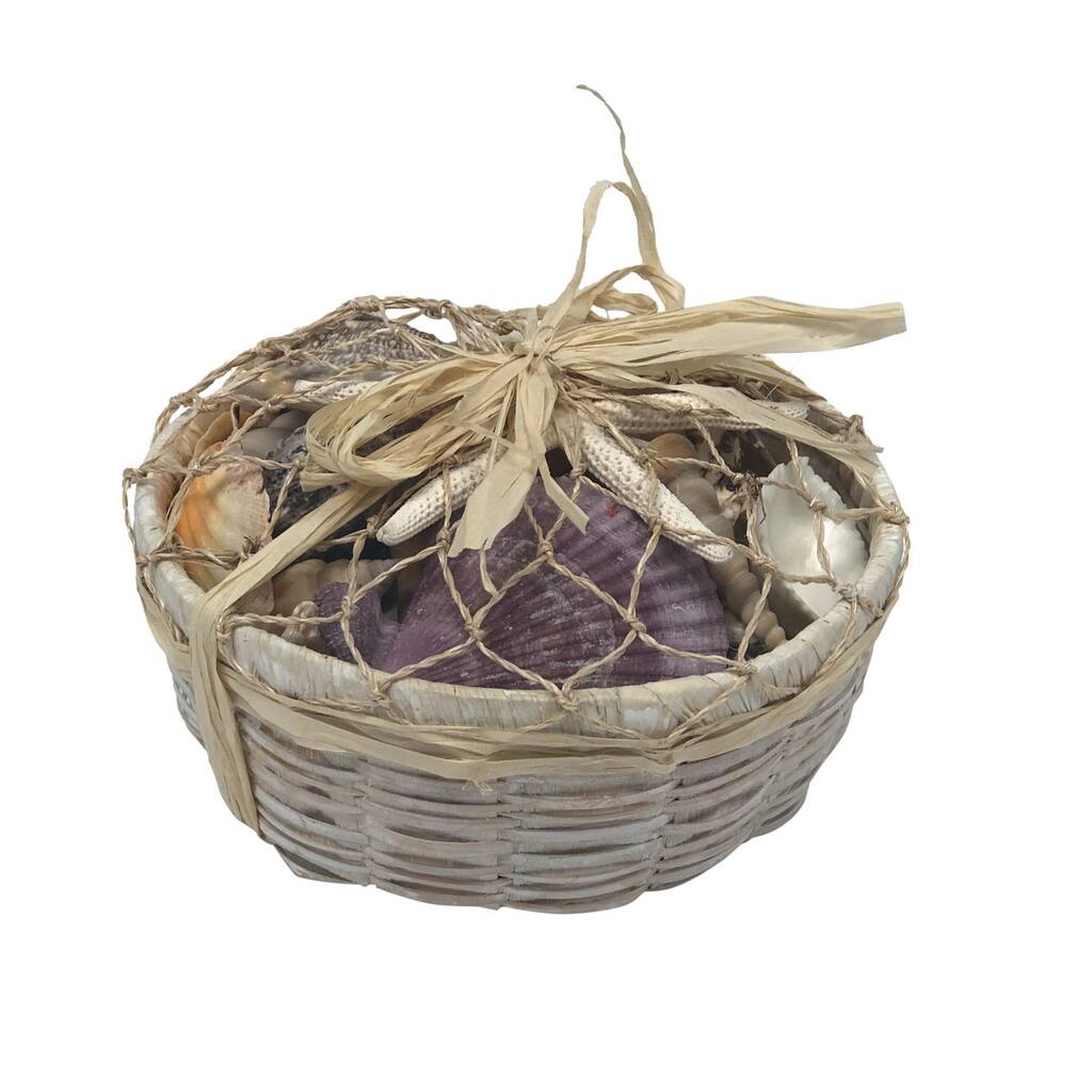 White Round Shell Basket Shell Decorative Gift Box Ocean Coastal Nautical Beach 6x6x3