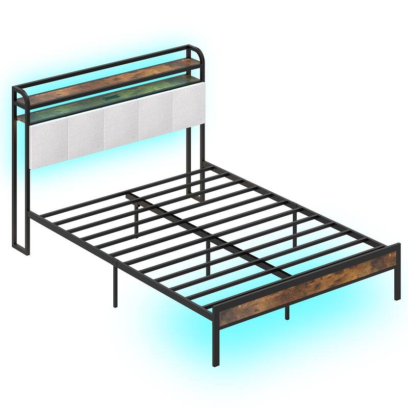 Bed Frame with LED Lights Charging Ports and Storage Headboard - Queen