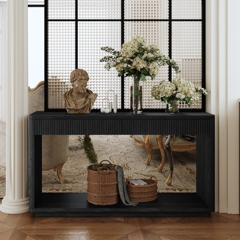 60" Modern 2-Drawer Fluted Console Table Natural Wood Veneer Sofa Table Behind Couch Table for Living Room