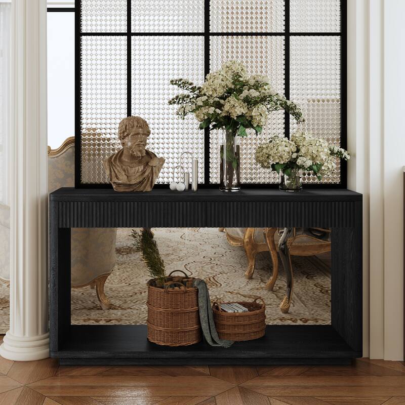 Modern Fluted Console Table with 2 Drawer, 60" Entryway Table Sofa Table Behind Couch with Open Storage for Living Room
