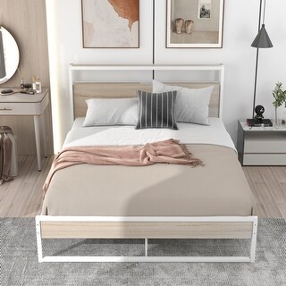 Queen Metal Platform Bed Frame with Sockets, USB Ports & Slat Support ...
