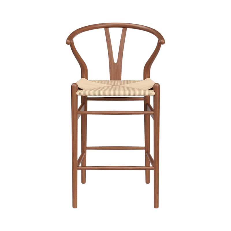 HomeRoots 27" Beige and Walnut Solid Wood Counter Height Bar Chair