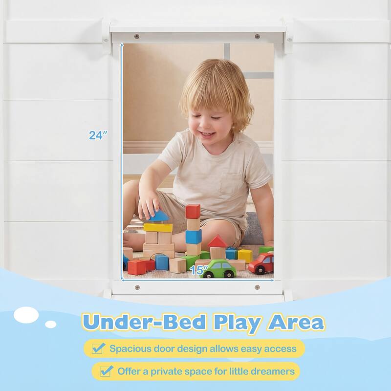 Gymax Twin Size Loft Bed w/ LED Lights 2 Doors Underbed Space &