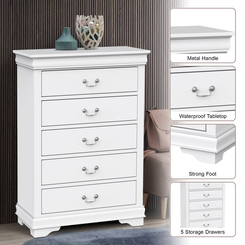 48" Tall Modern White Solid Wood 5-drawer Storage Chest