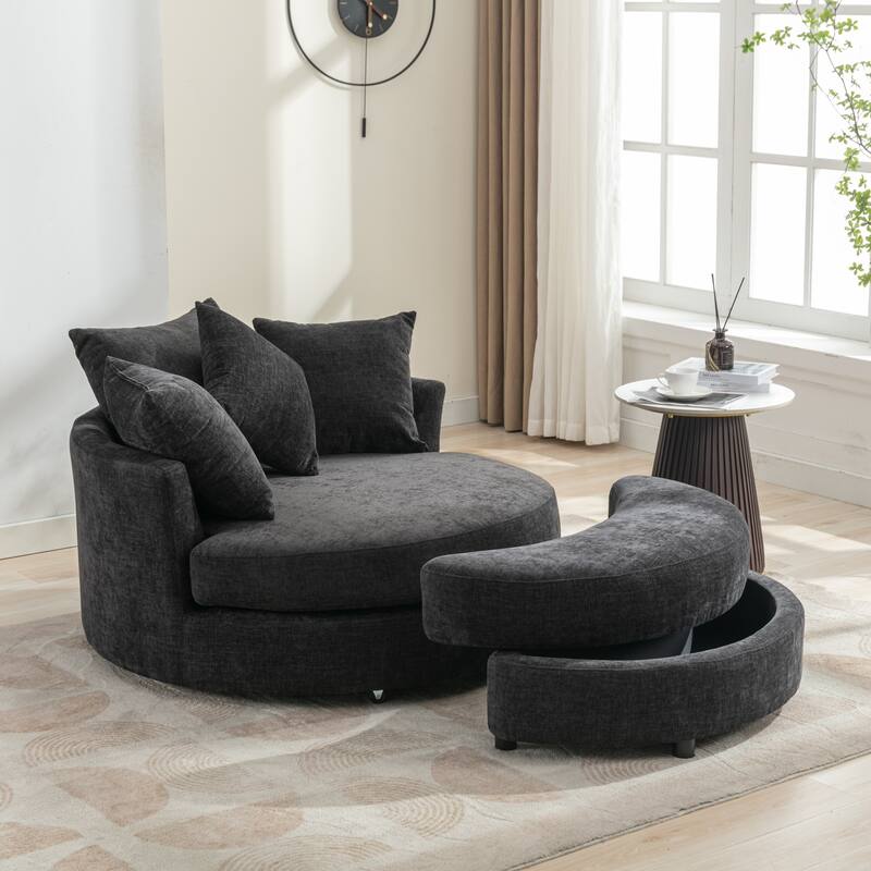 360° Swivel Accent Barrel Chair with Storage Ottoman & 4 Pillows, Modern Chenille Leisure Chair Round Accent