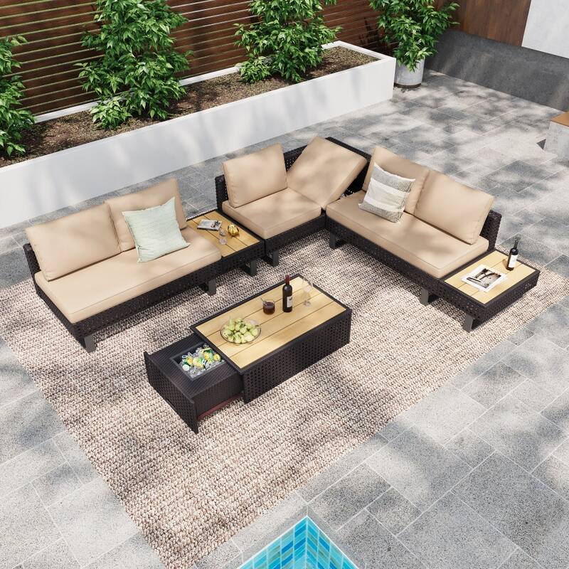 5-Piece Weave Patio Sectional Furniture Set with Extendable Coffee Table with Ice Bucket