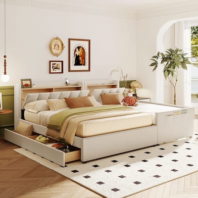 Queen Size & Twin XL Size Upholstered Platform Bed, Mother & Child Bed with Hydraulic Storage System,USB Ports, PU Leather