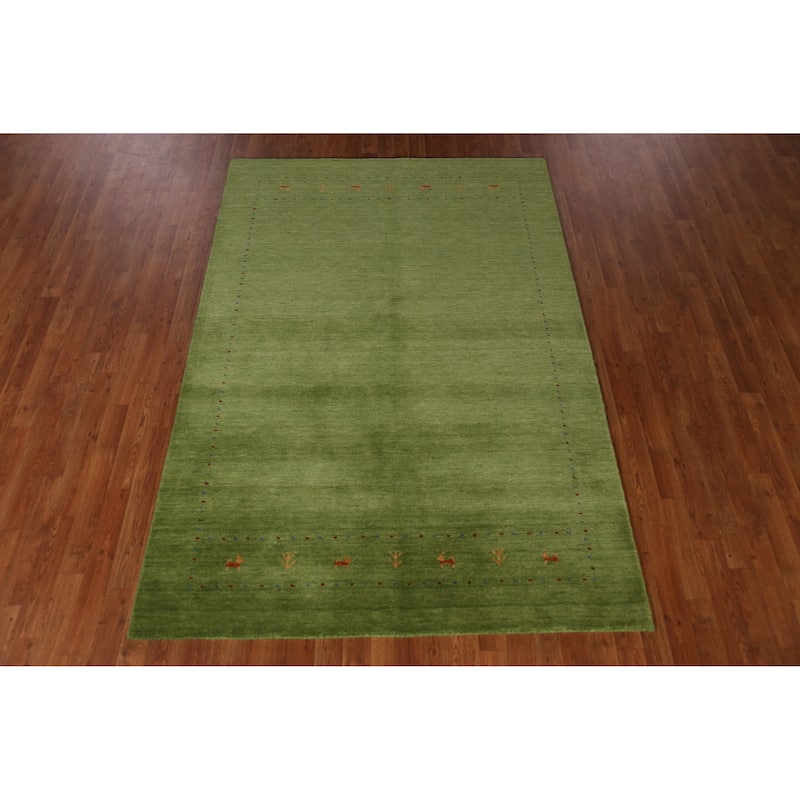 Hand Knotted Oriental 100% Wool Carpet Tribal Animal Pictorial Green Gabbeh Area Rug - 7' 8'' X 5' 3''
