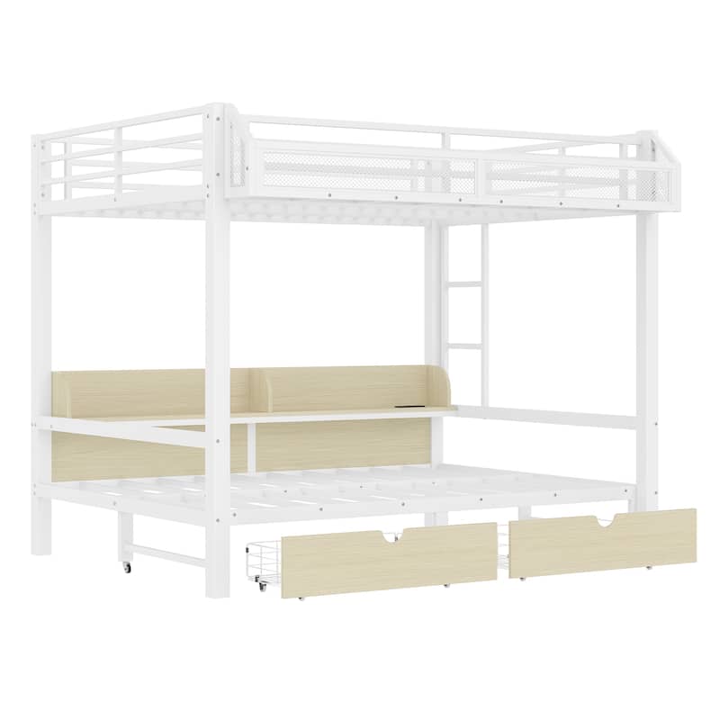 Queen over Queen Bunk Bed with Storage Shelves & Drawers, USB Ports & LED Lights, Convertible Sofa Lower Bed
