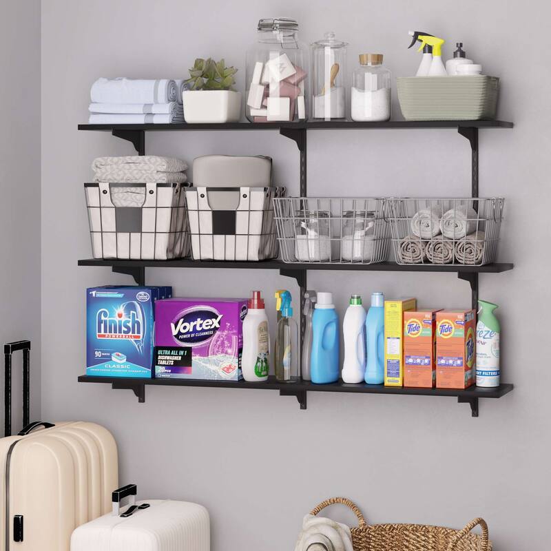 Wallniture Turin 48" Black Floating Wall Shelf with Adjustable Brackets, Hanging Shelves, Wall Mounted, Boho Decor, Tier Options