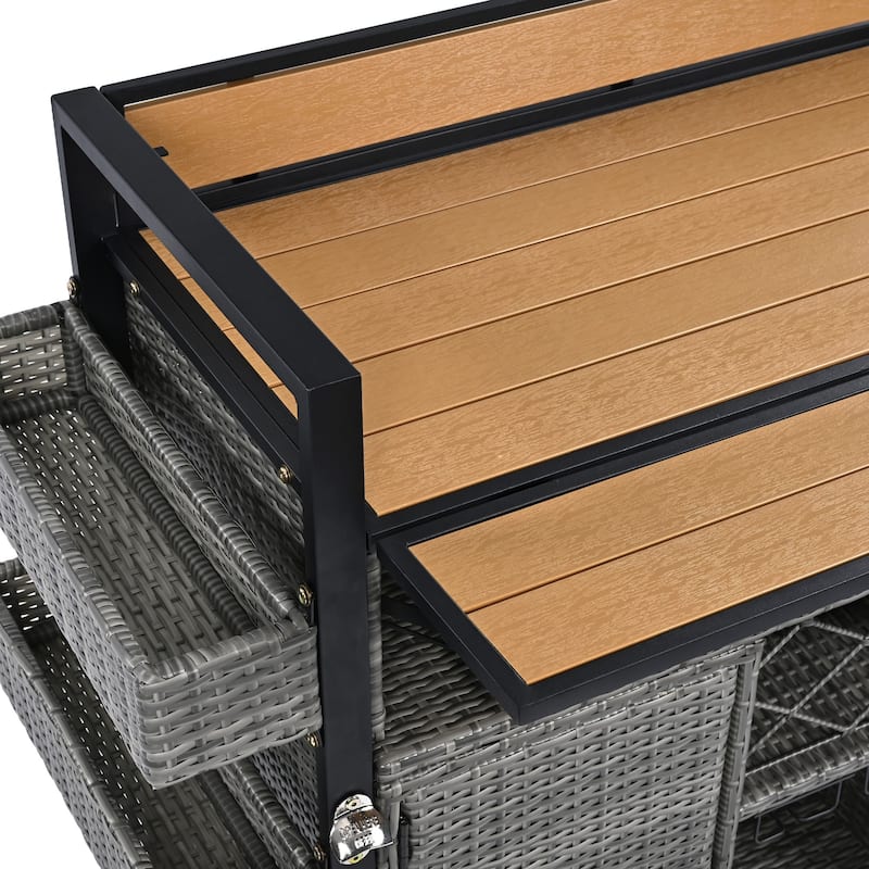 52.8"W Wicker Outdoor Grill cart with Extended Plastic Wood Table Top, Rolling Kitchen Island on Wheels with Storage Cabinet